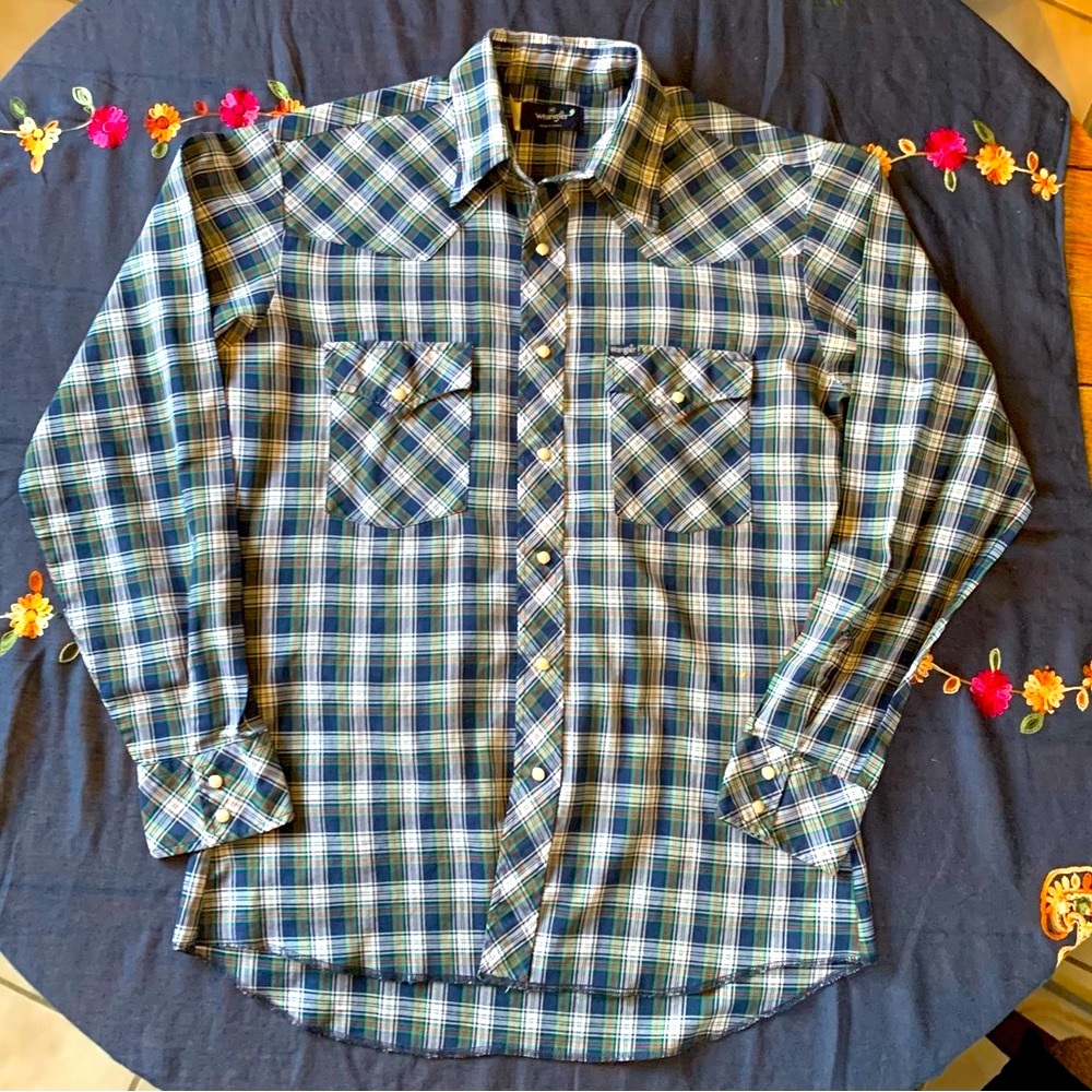 Wrangler Vintage Pearl Snap Plaid Western Shirt Navy Blue Green Red Size Medium